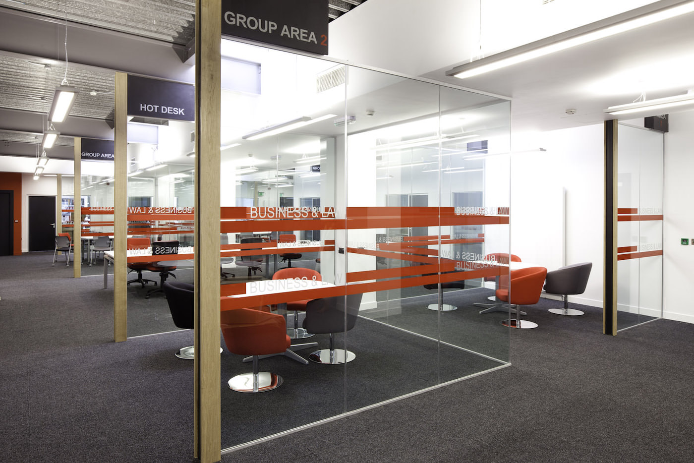 group areas and hot desks of the david chiddick building of the business and law university of lincoln