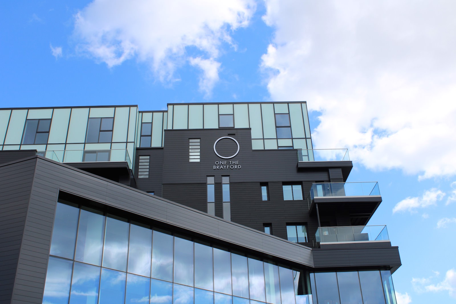 external view of the one the brayford building with its logo on the facade