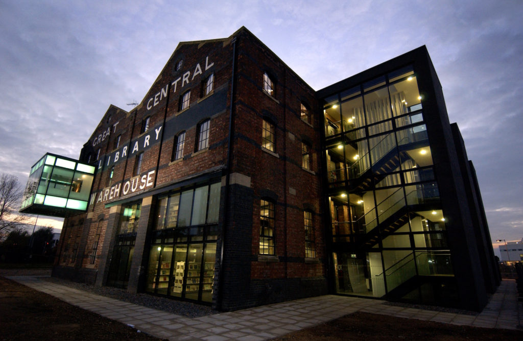 external view of the great central warehouse library during night time