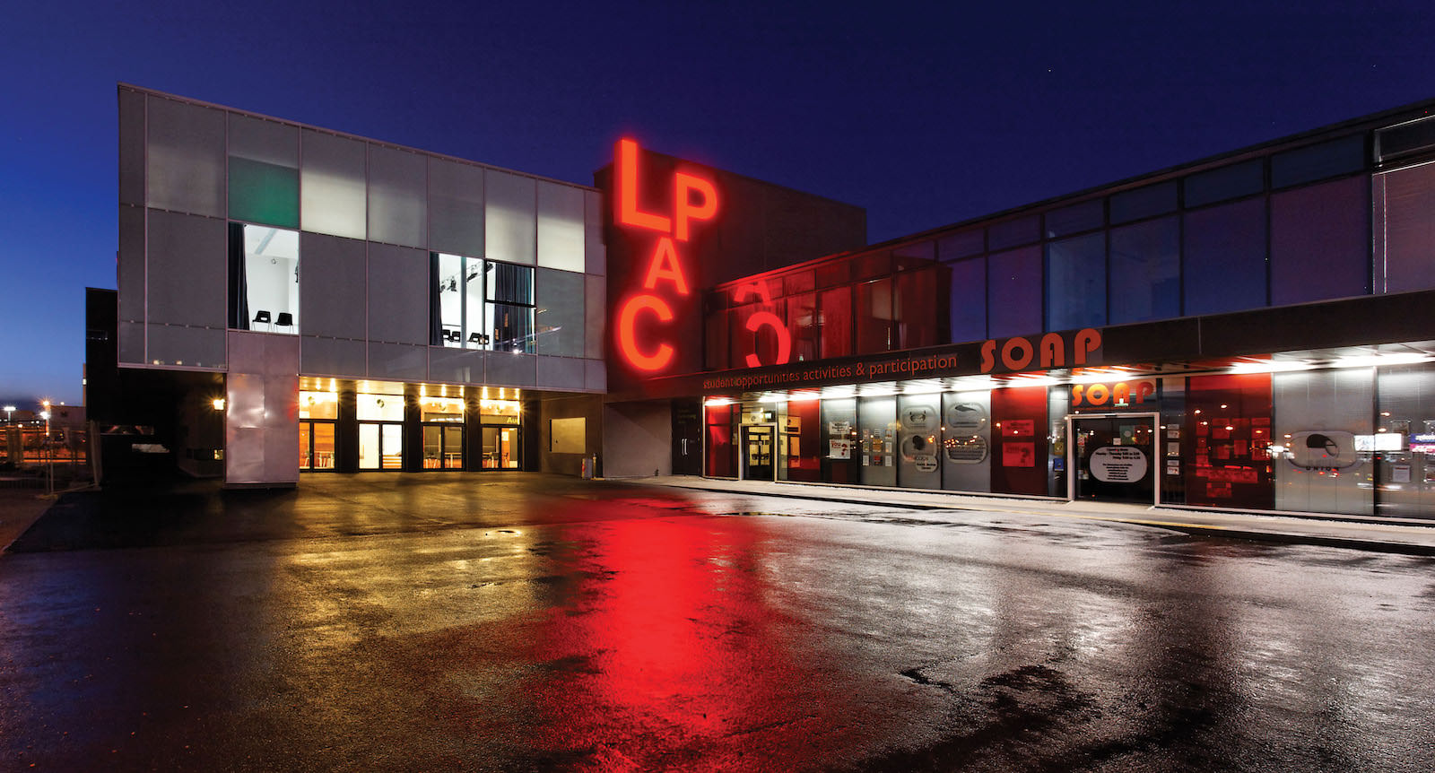 external view of the lincoln performing arts centre during night time